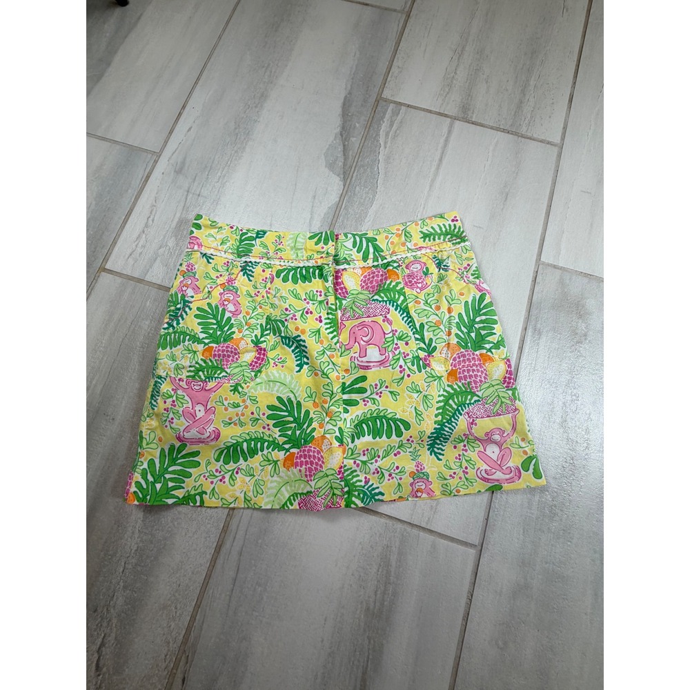 Lilly Pulitzer Yellow Pink Elephant Monkey Jungle Print Lace Trim Skort Size 8
